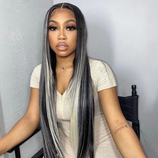 Model wearing 13x4 HD lace front silver grey highlight wig by NuHaire