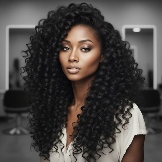 A female model presents NuHaire's Double Drawn Curly | 3 Piece Human Hair Bundles. The bundles feature a natural black color, premium human hair quality, full volume from root to tip, and bouncy curls.