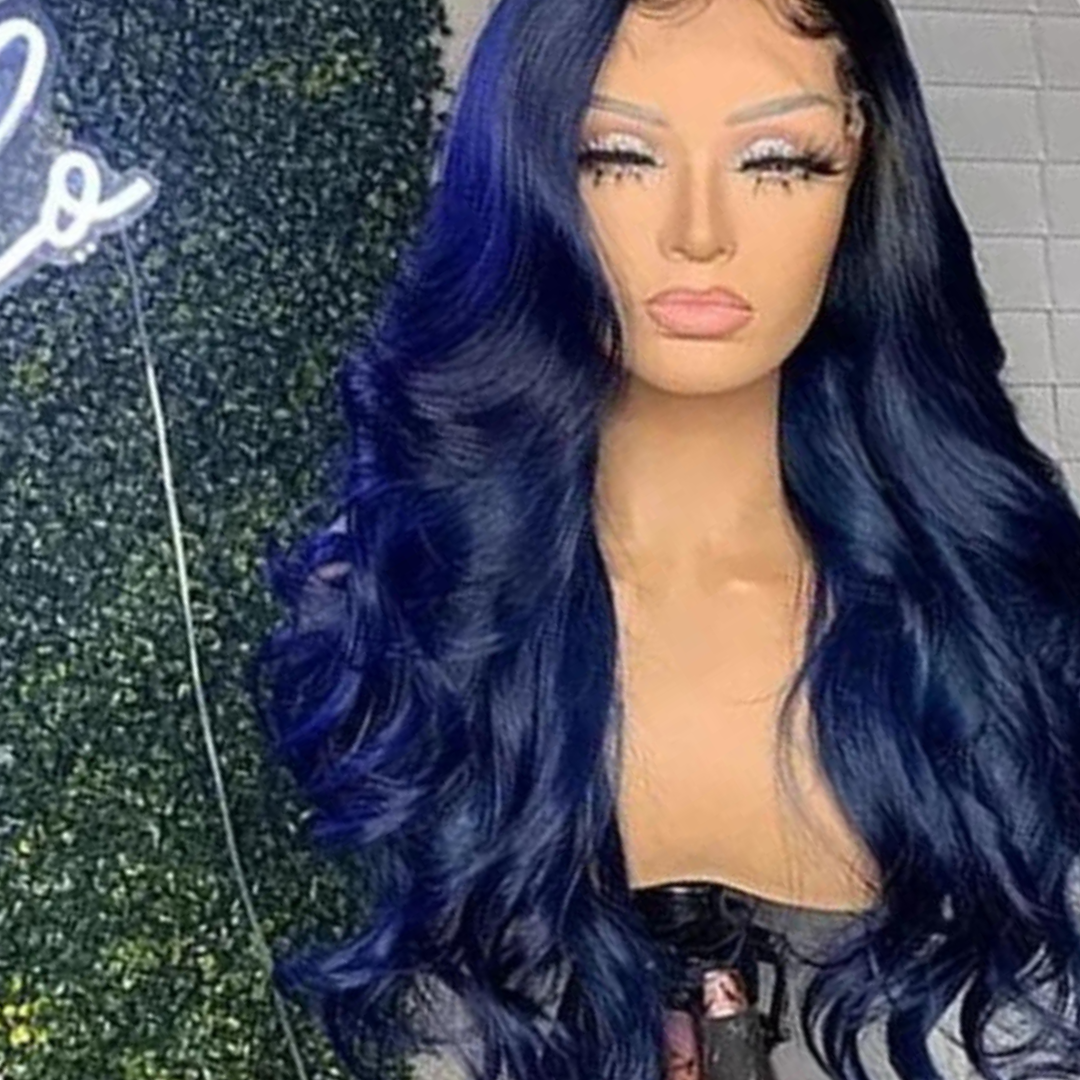 Long Length Denim Blue Side Part Body Wave Lace Front Human Hair Wig