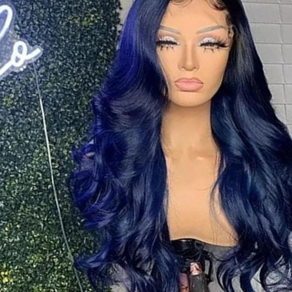 NuHaire midnight blue long-length body wave human hair wig on a mannequin, featuring a 13x4 lace front, side part, and pre-plucked hairline.
