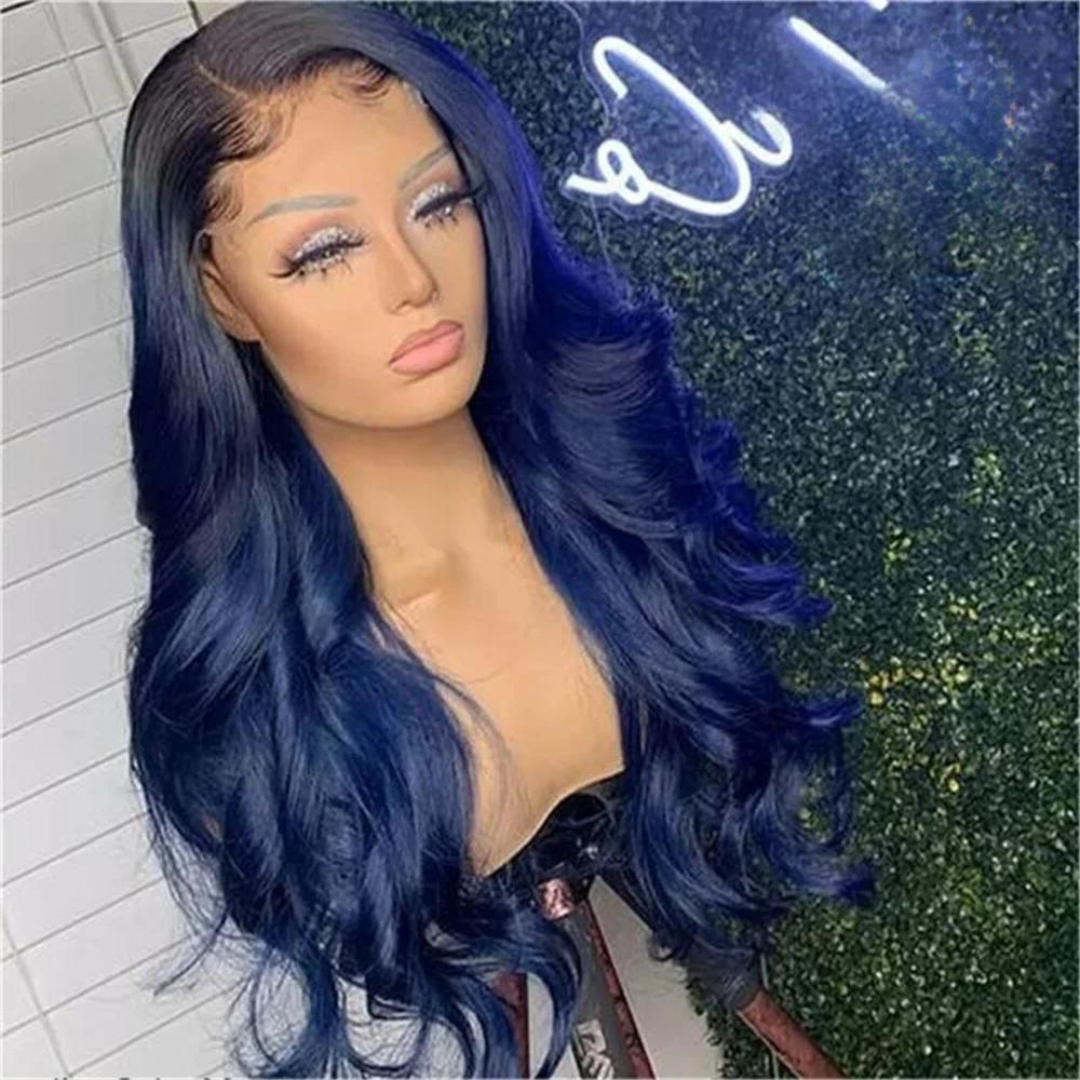 Long Length Denim Blue Side Part Body Wave Lace Front Human Hair Wig