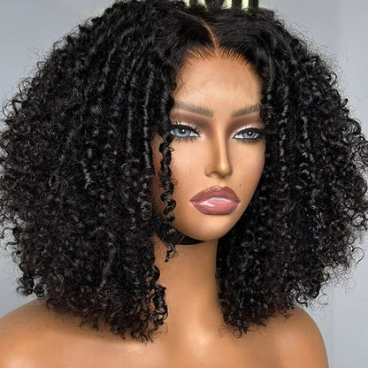 Side view of a mannequin head wearing Nuhaire's Pixie curly wig, made from unprocessed raw human hair. The wig showcases a curly texture, 250% density, and a skin melt HD hairline against a grey background.nd.