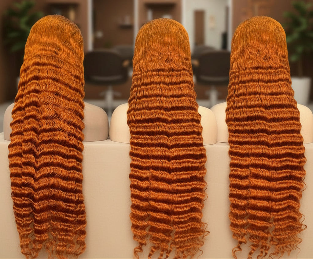 Product Display -  NuHaire #350 Ginger Deep Wave Transparent Lace Front Human Hair Wig which showcases flowing deep waves, a flawless ginger orange color, premium human hair quality, a 13x4 transparent lace front, and a natural hairline.