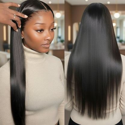 Two views of a Model wearing the NuHaire Full Density 13x4 Straight Lace Front Wig, which features a natural black color, premium human hair quality, and a lace front for a natural-looking hairline.