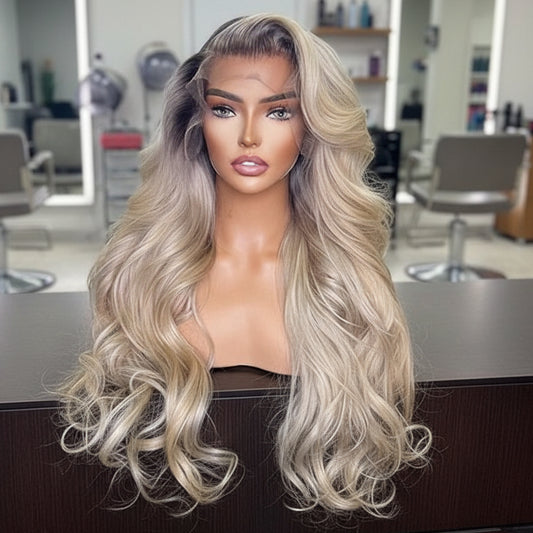 Closer image of A mannequin displays NuHaire's Ombre Ash Blonde Highlight wig, featuring a dark root that transitions to ash blonde. This high-quality human hair wig offers 200% density and includes a 13x6 lace front with transparent lace for a natural hairline.