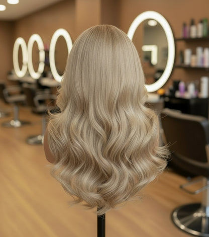 Back view of A mannequin showcases NuHaire's Ash Blonde Ombre Layered Cut Loose Wave Wig, featuring a brown root that blends into ash blonde highlights. This 250% density human hair wig offers a layered cut, loose wave texture, and various transparent lace size options for a natural hairline.