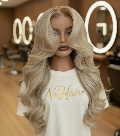 Front view of A mannequin showcases NuHaire's Ash Blonde Ombre Layered Cut Loose Wave Wig, featuring a brown root that blends into ash blonde highlights. This 250% density human hair wig offers a layered cut, loose wave texture, and various transparent lace size options for a natural hairline.