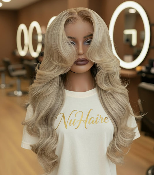 Front view of A mannequin showcases NuHaire's Ash Blonde Ombre Layered Cut Loose Wave Wig, featuring a brown root that blends into ash blonde highlights. This 250% density human hair wig offers a layered cut, loose wave texture, and various transparent lace size options for a natural hairline.