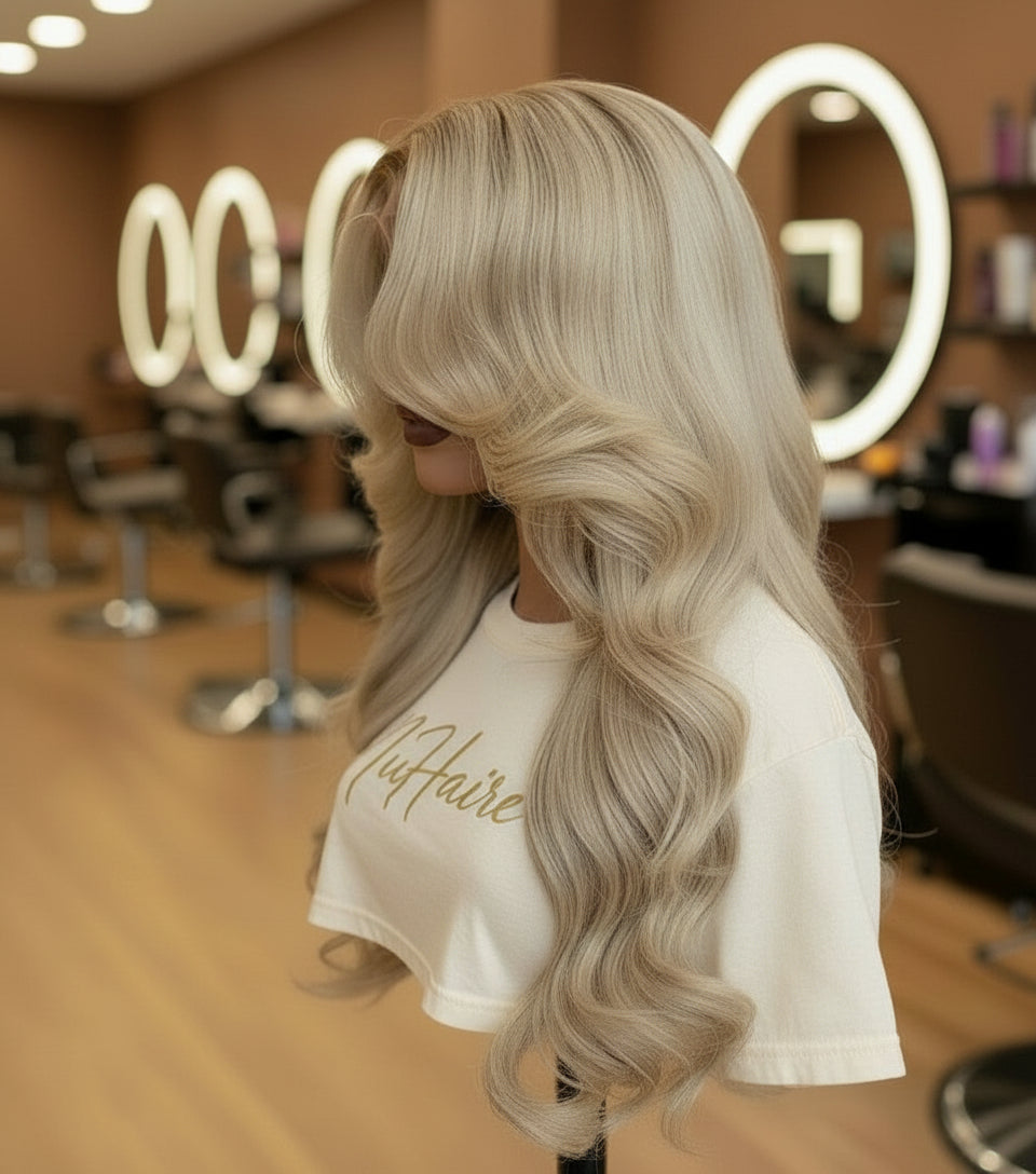 Side view of A mannequin showcases NuHaire's Ash Blonde Ombre Layered Cut Loose Wave Wig, featuring a brown root that blends into ash blonde highlights. This 250% density human hair wig offers a layered cut, loose wave texture, and various transparent lace size options for a natural hairline.