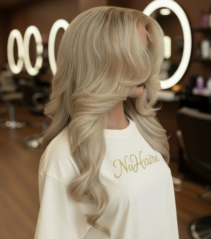 Another angle of A mannequin showcases NuHaire's Ash Blonde Ombre Layered Cut Loose Wave Wig, featuring a brown root that blends into ash blonde highlights. This 250% density human hair wig offers a layered cut, loose wave texture, and various transparent lace size options for a natural hairline.