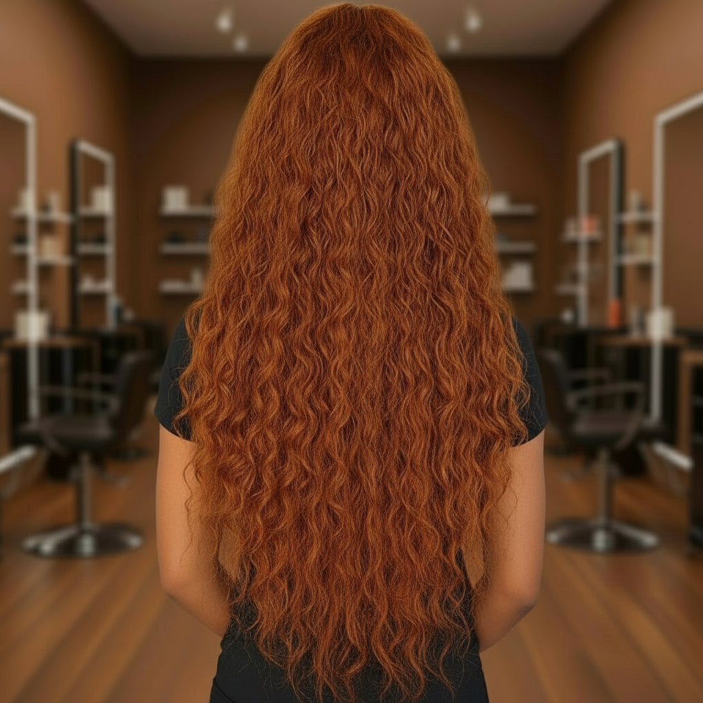 Back view of Model is wearing the NuHaire Ginger Loose Deep Wave Lace Front Human Hair Wig, which showcases flowing loose deep waves, a flawless ginger orange color, premium human hair quality, a 13x4 transparent lace front, styling versatility, and a natural hairline.
