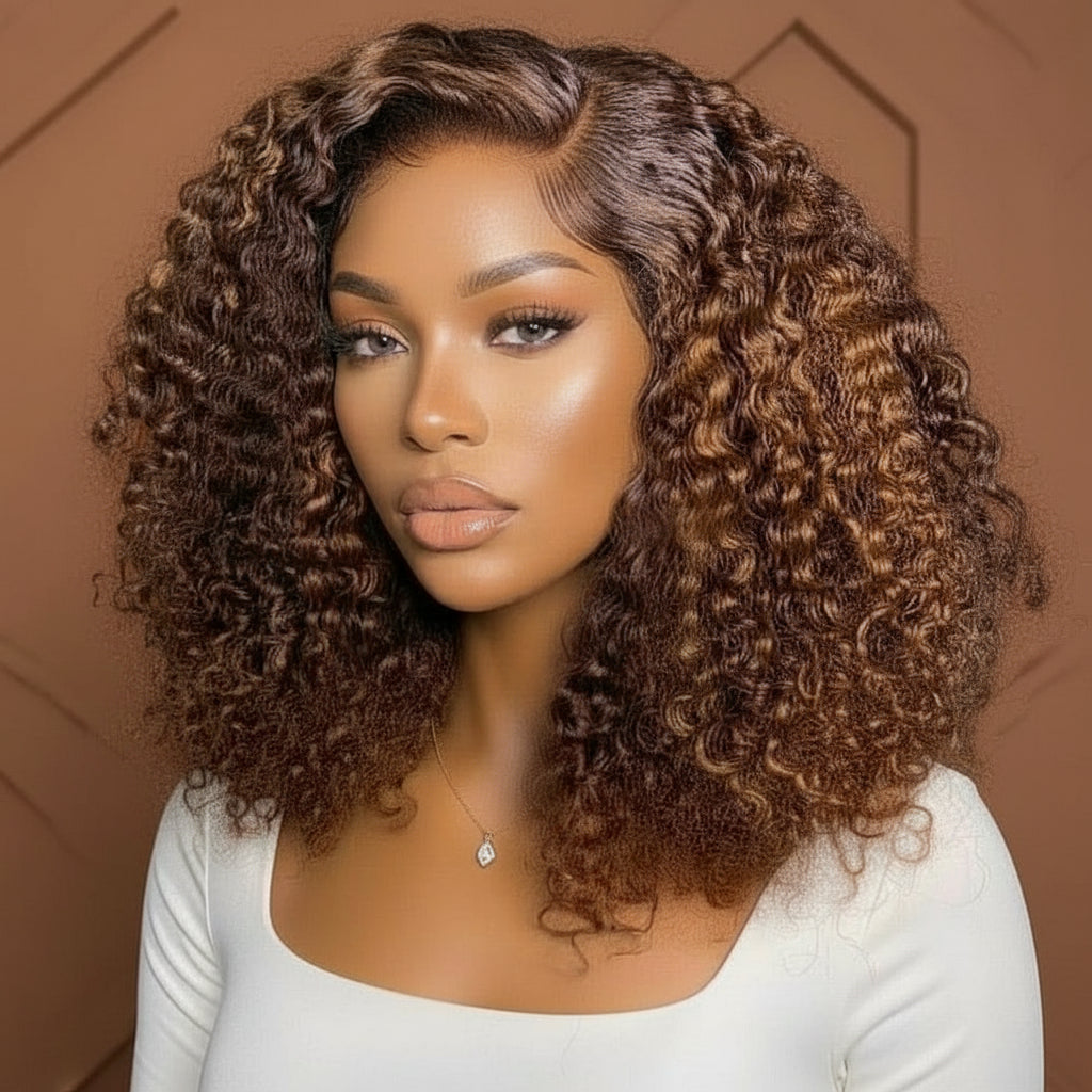 A model showcasing the NuHaire Auburn Ombre Pixie Curly Human Hair Wig, which features a rich auburn ombre color, premium quality human hair, a 5x5 transparent lace closure, a natural hairline, and bouncy pixie curly texture.
