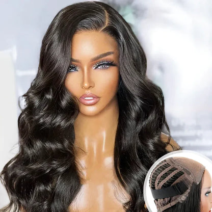 A mannequin head displays a beginner-friendly NuHaire body wave wig with 180% density, offering full volume from root to tip. It features a 6x4 HD glueless lace closure, and includes an image showcasing the inside of the wig cap.