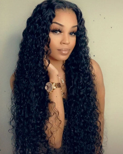 A woman models a NuHaire Easy to Install Deep Wave Human Hair wig with 180% density, showcasing its full volume from root to tip, along with a close-up that highlights the seamless 6x4 HD glueless lace closure and the premium wavy texture of the hair.