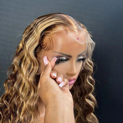 13x4 Honey Blonde Highlight Water Wave Lace Front Wig on mannequin showing seamless hairline and ultra-realistic scalp