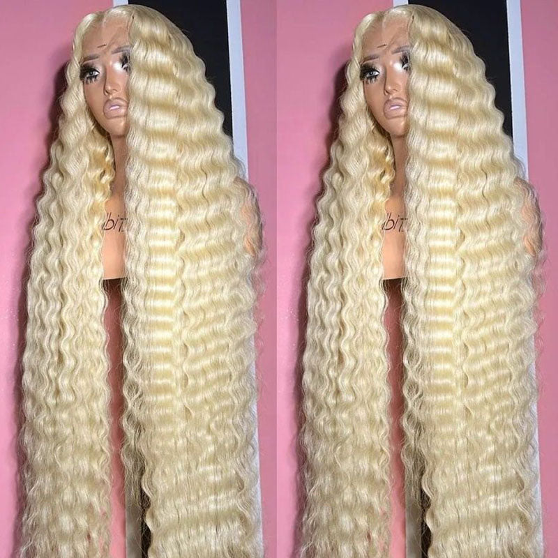 mannequin head wearing 613 Blonde human hair wig showcasing deep wave texture, natural hairline, realistic scalp parting, styling versatility, and baby hair against a pink background