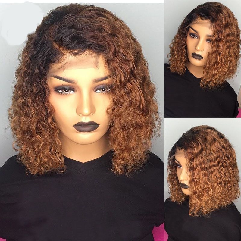 1B/30 auburn ombre HD curly bob wig on left and mannequin display on right showing styling with 13x4 lace front construction