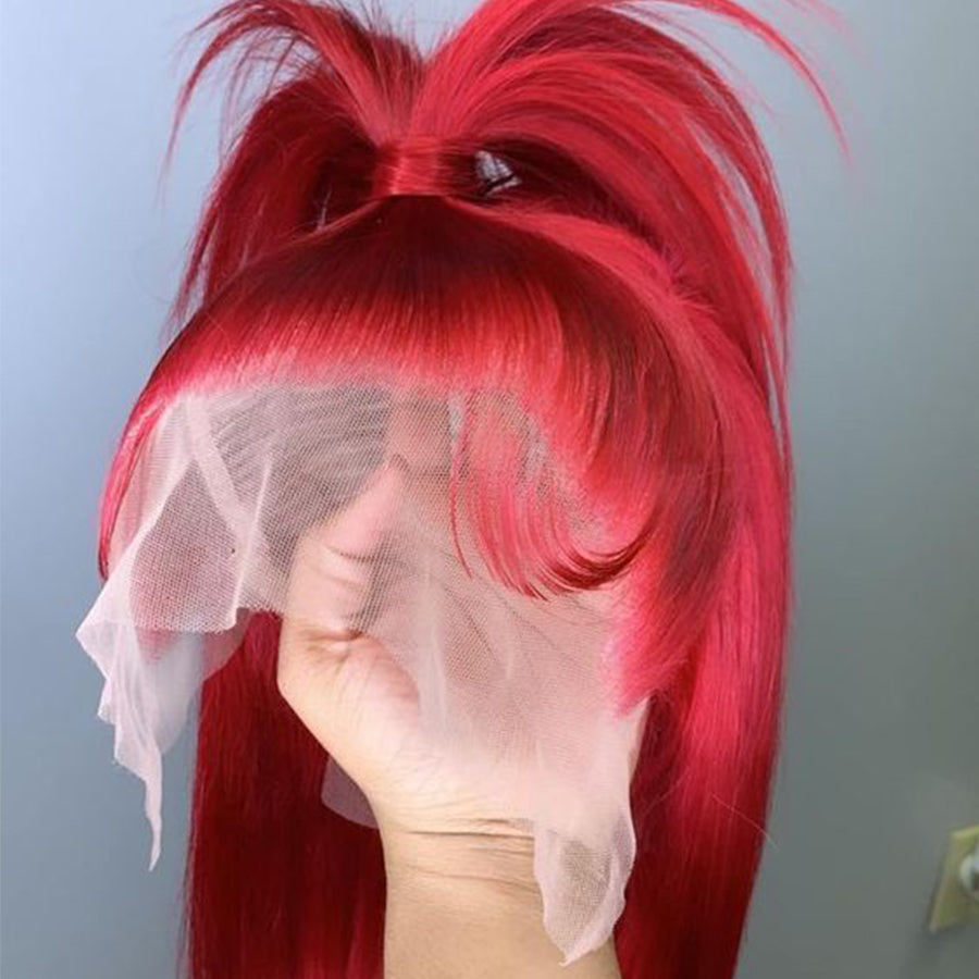 Bob Length of 13x6 Red Straight Transparent Lace Wig  with a lace front held by a hand against a neutral background