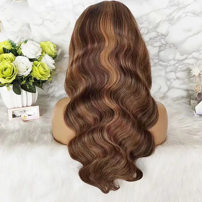 4/27 honey blonde highlight 13x4 transparent lace body wave wig displayed on mannequin back view showing long body wave texture and honey blonde highlights