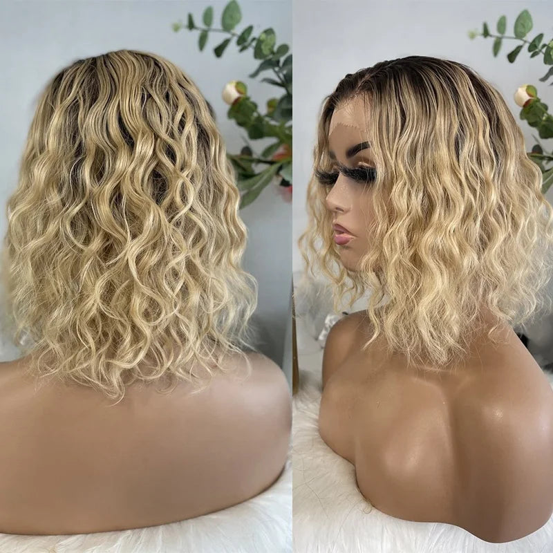 Blonde Ombre Deep Curly Human Hair Lace Front Wig