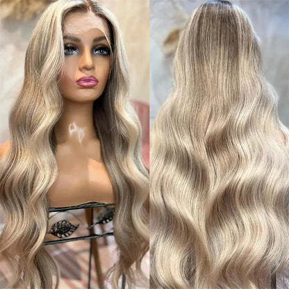 Light Ash Blonde Body Wave 13x4 Lace Front Wig side by side front and back view showing complete European hair quality, wavy texture and color