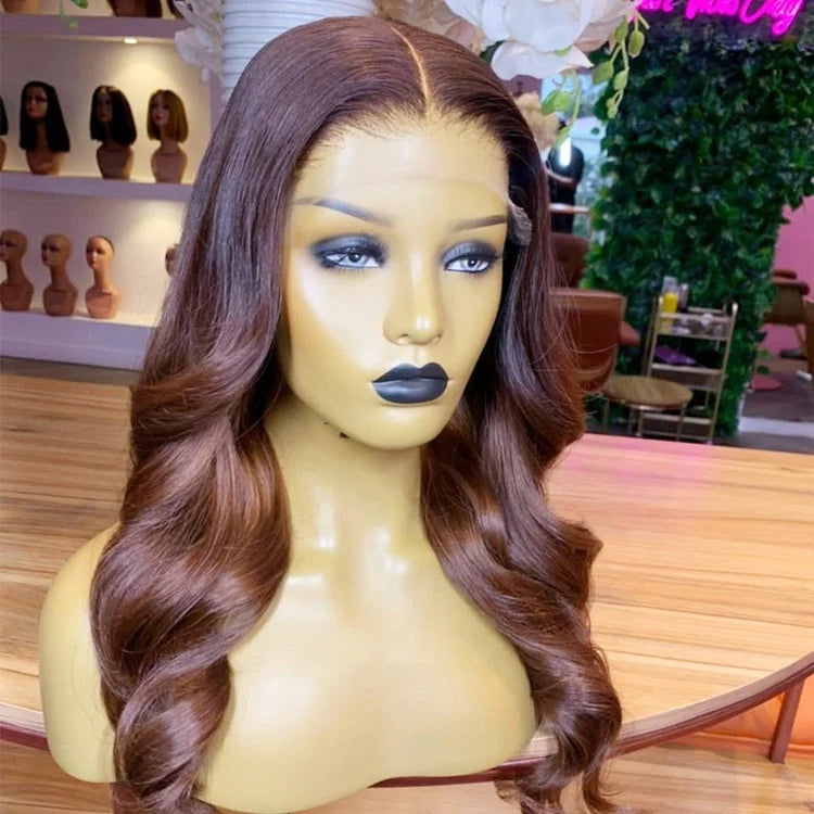 Dark Auburn Body Wave Human Hair Wig with Highlights