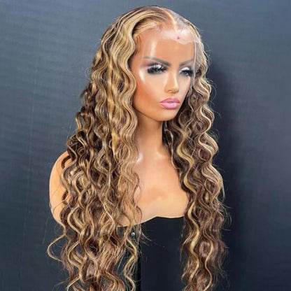 Honey Blonde Highlight Water Wave 13x4 Wig on mannequin demonstrating transparent lace construction and highlight color blend