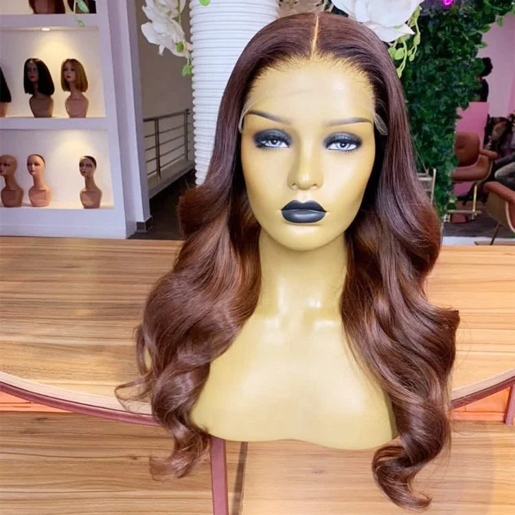 Dark Auburn Body Wave Human Hair Wig with Highlights