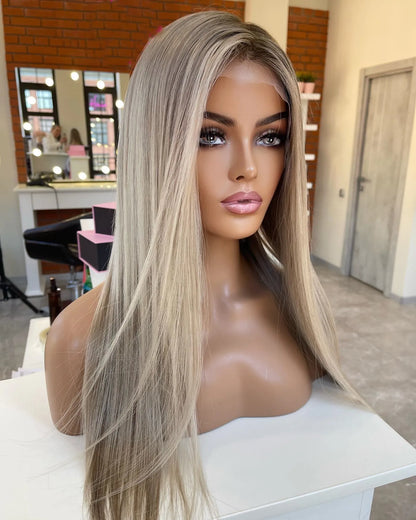 Blonde Silky Straight 13x6 European Hair Wig on model showcasing premium European Human Hair quality, natural hairline, and ash grey blonde highlight color
