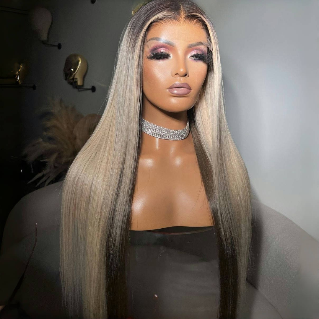 Mannequin head featuring NuHaire's Ash Blonde Ombre Highlight Straight Wig, showcasing a flawless ombre color transformation, premium European human hair quality, 13x4 transparent lace front, natural hairline, and silky straight texture against a gray background.