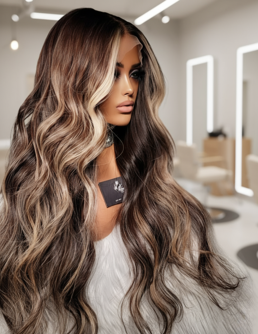 Side view of A mannequin displays NuHaire's Sun Kissed Caramel Brown Balayage | 13x4 Natural Wavy. This 180% density human hair wig features balayage coloring, premium European human hair, natural wave texture, and a 13x4 transparent lace for a realistic hairline.