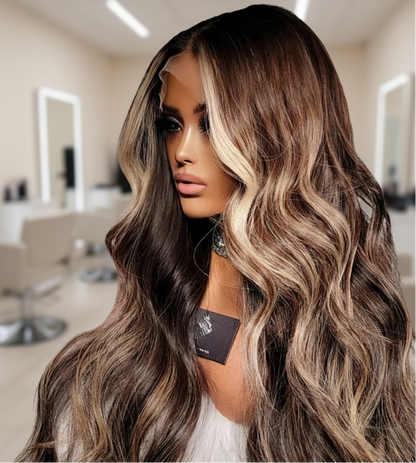 Up close image A mannequin displays NuHaire's Sun Kissed Caramel Brown Balayage | 13x4 Natural Wavy. This 180% density human hair wig features balayage coloring, premium European human hair, natural wave texture, and a 13x4 transparent lace for a realistic hairline.