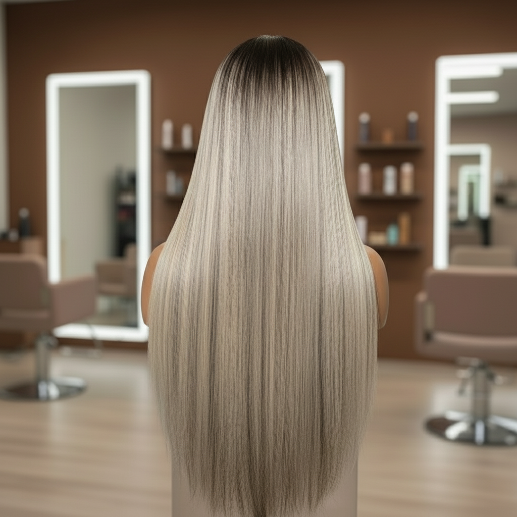 Back view of a Mannequin head featuring NuHaire's Ash Blonde Ombre Highlight Straight Wig, showcasing a flawless ombre color transformation, premium European human hair quality, 13x4 transparent lace front, natural hairline, and silky straight texture against a gray background.