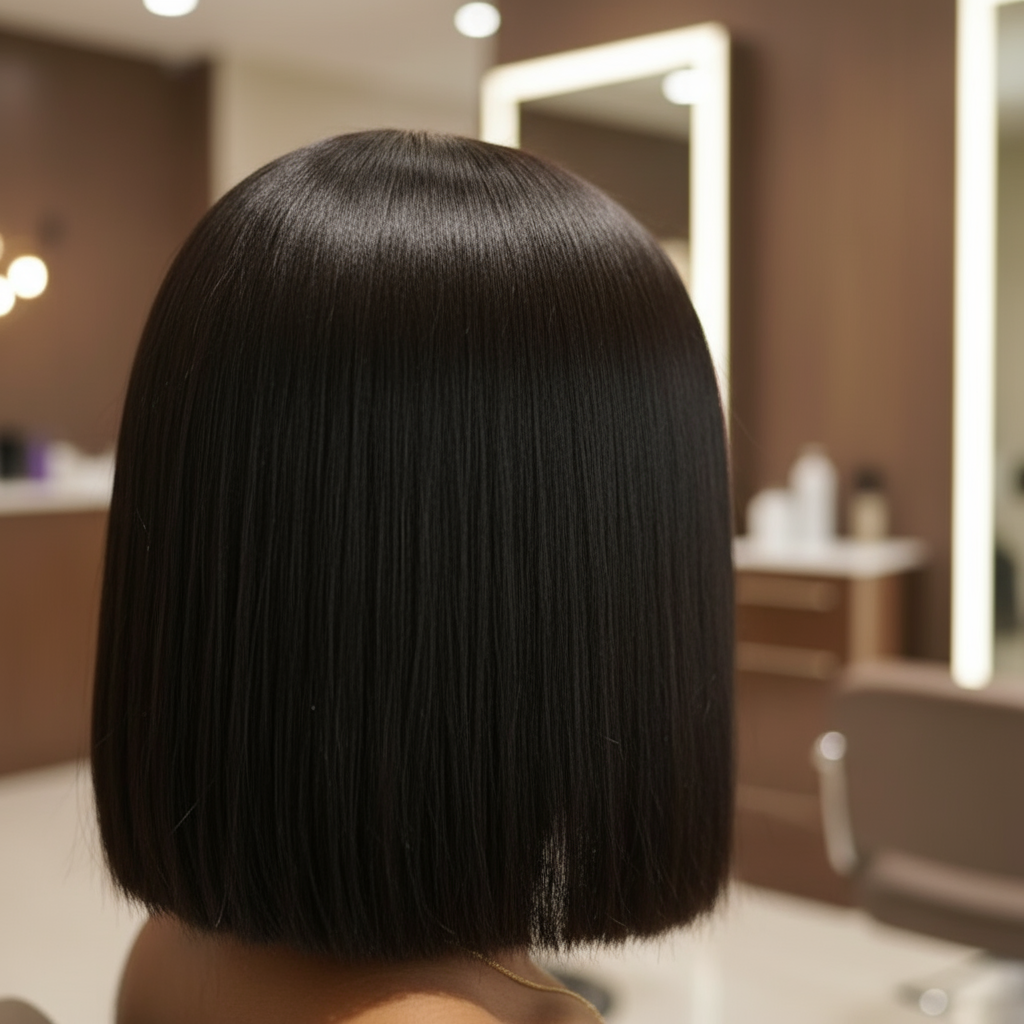Back view of a model showcasing the NuHaire Straight Blunt Cut Lace Front Bob Wig, featuring a natural black color, premium human hair quality, a 13x4 transparent lace front, silky straight texture, double-drawn ends, and a natural hairline.