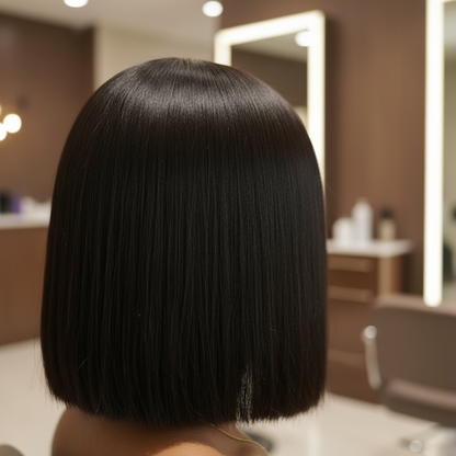 Back view of a model showcasing the NuHaire Straight Blunt Cut Lace Front Bob Wig, featuring a natural black color, premium human hair quality, a 13x4 transparent lace front, silky straight texture, double-drawn ends, and a natural hairline.