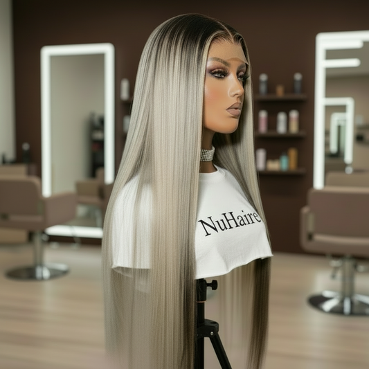 Side View of a Mannequin head featuring NuHaire's Ash Blonde Ombre Highlight Straight Wig, showcasing a flawless ombre color transformation, premium European human hair quality, 13x4 transparent lace front, natural hairline, and silky straight texture against a gray background.
