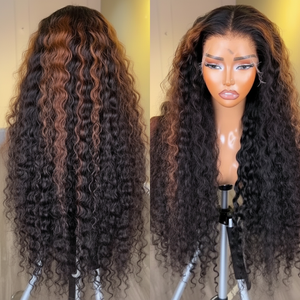 Front and back view of A mannequin head displaying the NuHaire Caramel Brown Highlight | 13x4 Deep Wave Human Hair Wig, which features a rich caramel brown highlight color, premium quality human hair, a 13x4 transparent lace front, a natural hairline, and flowing deep wave texture.