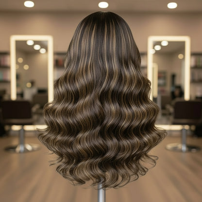 Mannequin head with long wavy hair styled in a salon setting, featuring the NuHaire brand.