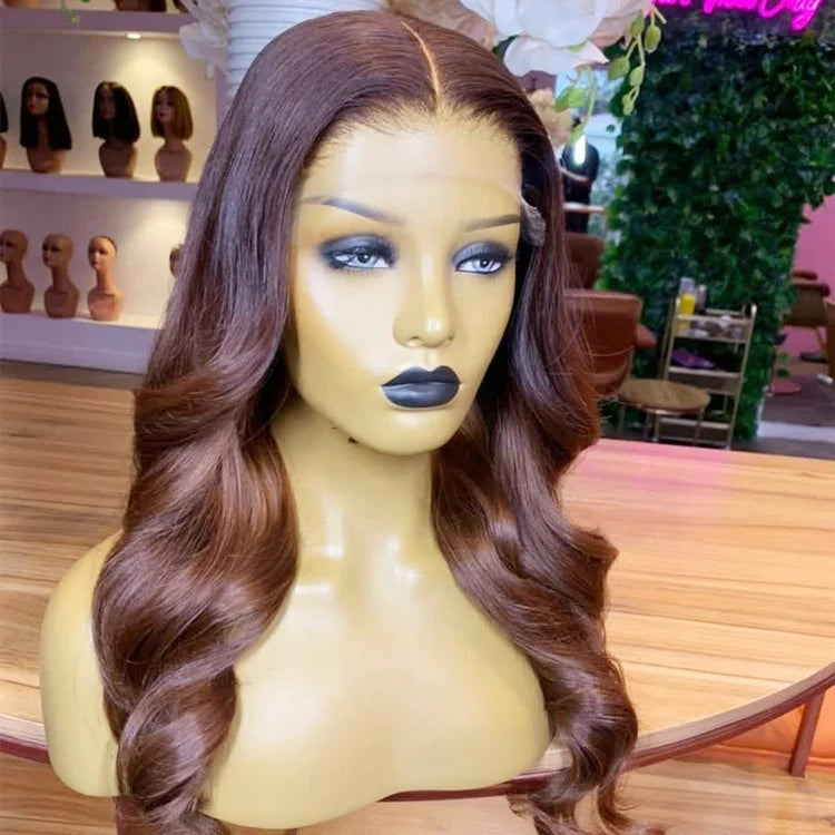 Dark Auburn Body Wave Human Hair Wig with Highlights