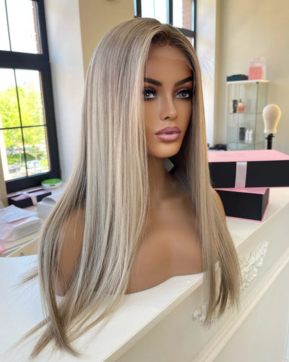 Blonde Silky Straight European Hair 13x6 Wig on model highlighting smooth silky texture and natural shine