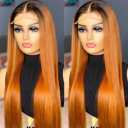 Ginger Ombre Straight 13x4 Lace Front Wig front view product display on mannequin showcasing 1B/350 color blend and transparent lace with natural hairline
