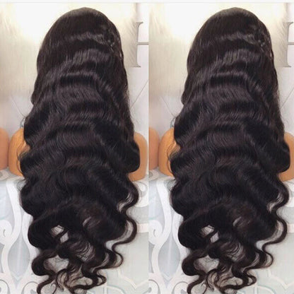 Two-part image of Long 5x5 Transparent lace closure human hair wig freshly displayed on mannequin head showing back view of body wave texture