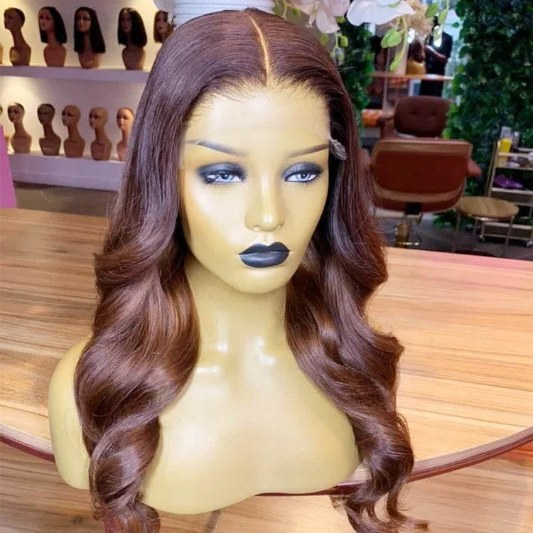 Dark Auburn Body Wave Human Hair Wig with Highlights