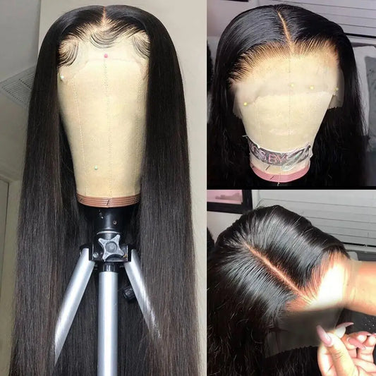 Side by side image  of a silken black straight 13x4 transparent lace front wig displayed on a mannequin head on the left side, and up close images of a realistic scalp and natural hairline on the right side