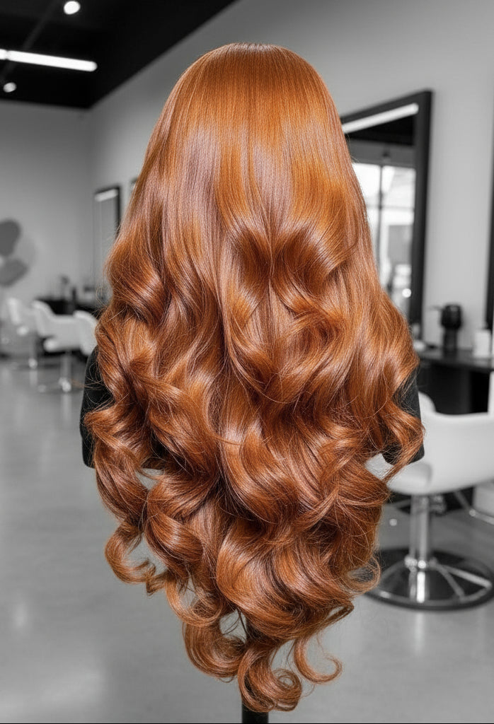 Mannequin head showcases the back view of NuHaire's Dark Copper Body Wave HD Lace Wig, which boasts a stunning copper hue, a luxurious and bouncy body wave texture, and  premium human hair.