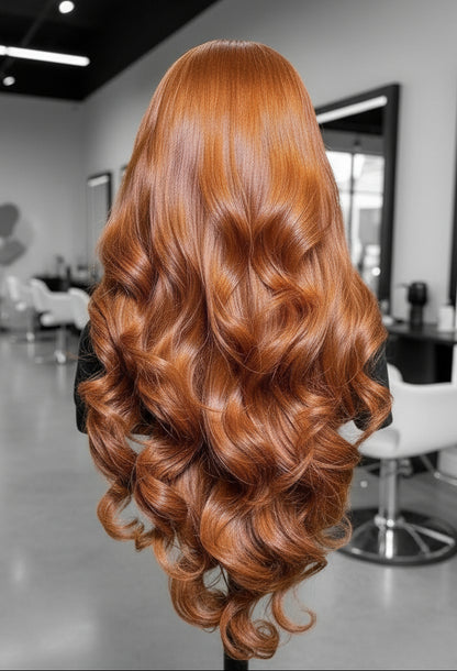 Mannequin head showcases the back view of NuHaire's Dark Copper Body Wave HD Lace Wig, which boasts a stunning copper hue, a luxurious and bouncy body wave texture, and  premium human hair.