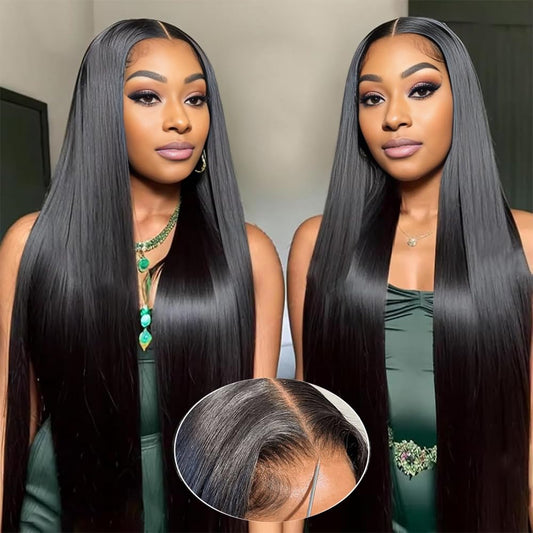 A woman wearing NuHaire's Double drawn straight wig with a pre-plucked, pre-bleached hairline. The wig features a natural black color, full volume from root to tip, with a closeup of the natural hairline