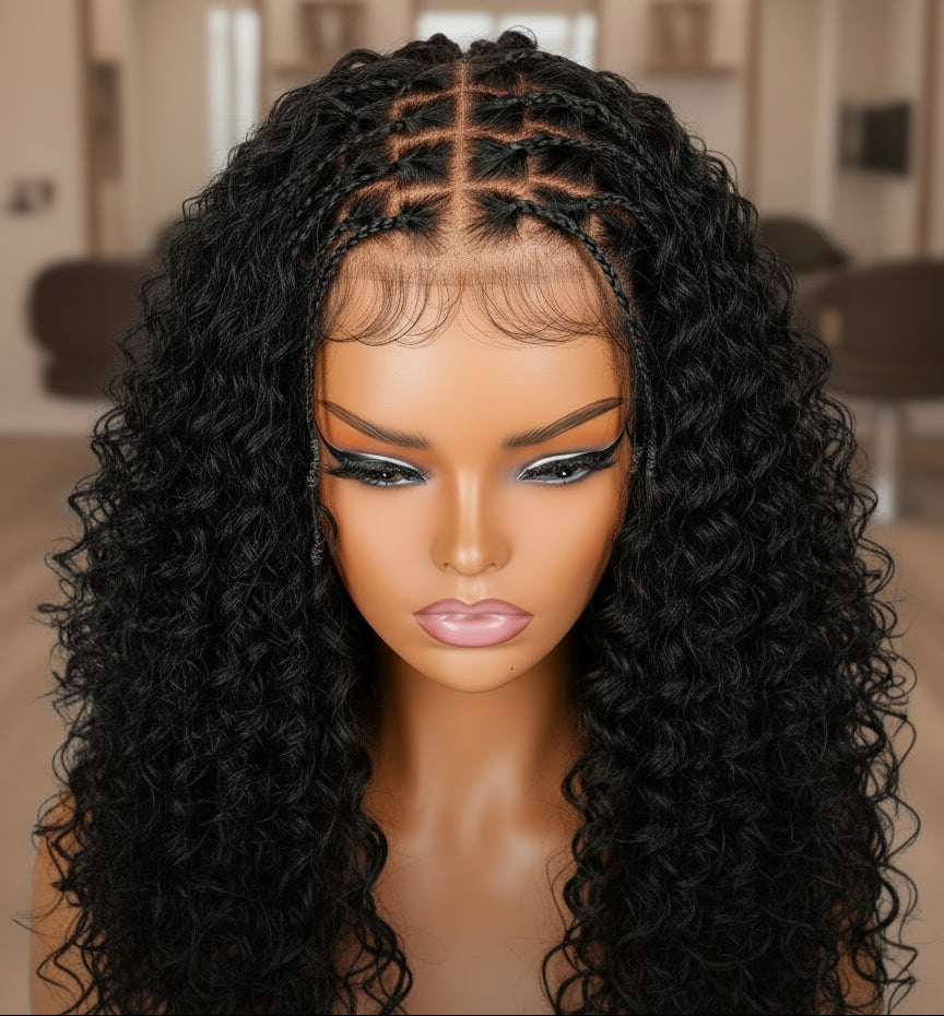 Closer image of Mannequin head featuring NuHaire's Knotless Boho Braids | 5x5 Glueless Bob, showcasing flawless boho braids, premium human hair quality, 5x5 glueless lace, a natural hairline, and a bouncy bob.