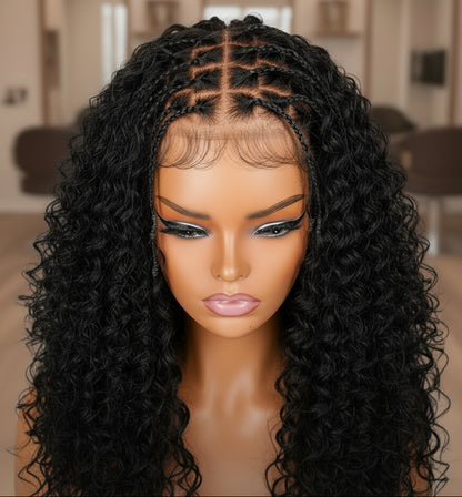 Closer image of Mannequin head featuring NuHaire's Knotless Boho Braids | 5x5 Glueless Bob, showcasing flawless boho braids, premium human hair quality, 5x5 glueless lace, a natural hairline, and a bouncy bob.