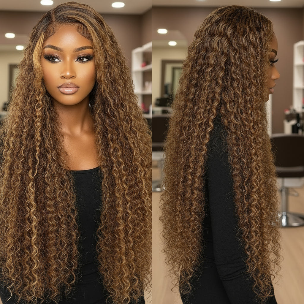 Two views of a model wearing the NuHaire Honey Blonde Piano Highlight wig, featuring honey blonde highlights, premium human hair quality, a 13x4 transparent lace front, and flowing deep curly waves.